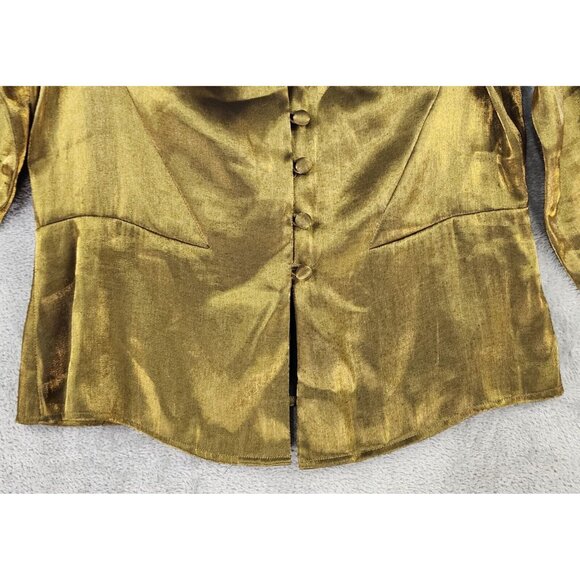 Tess Shirt Womens 10 Gold Metallic Retro Button Up Long Sleeve Blouse Vintage - Picture 7 of 10